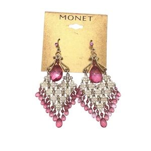 Monet Pink Crystal Chandelier Earrings Gold Tone Filigree Dangle Statement NWT